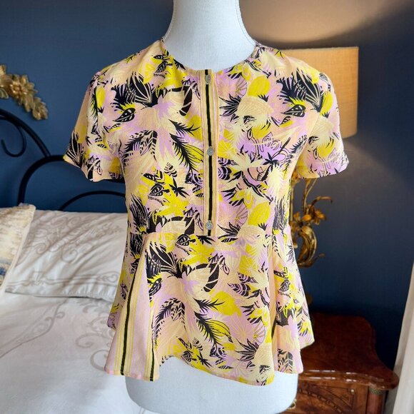 Suno Pink and Yellow Peplum Tropical Tshirt Blouse - Picture 2 of 5